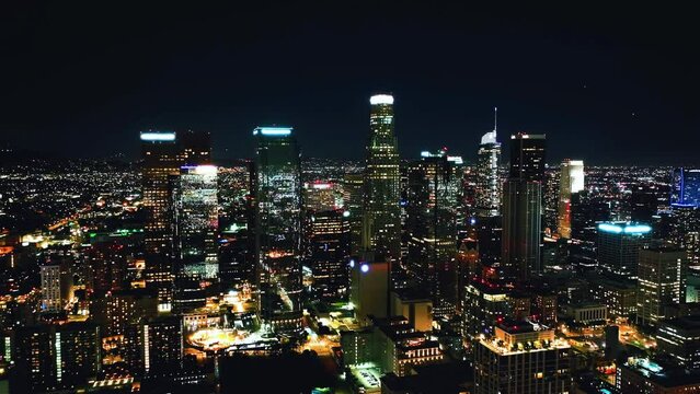 Aerial panoramic view of Los Angeles downtown at night. 
