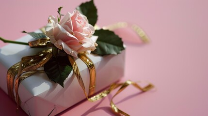 White gift box with gold ribbon and rose on pink background