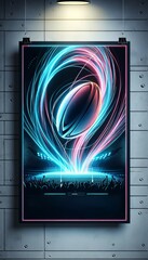 Futuristic rugby poster with a ball surrounded by swirling neon lights, symbolizing motion and energy above a cheering crowd.
