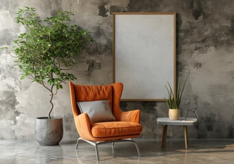 Orange armchair in front of a blank wall frame