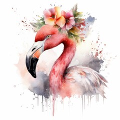 A Flamingo That Has Floral Crown on Its Head, Watercolor Painting.