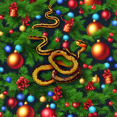 A snake in the branches of a festively decorated Christmas tree