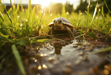 Obraz premium Sunlit Cute Little Turtle Outdoors