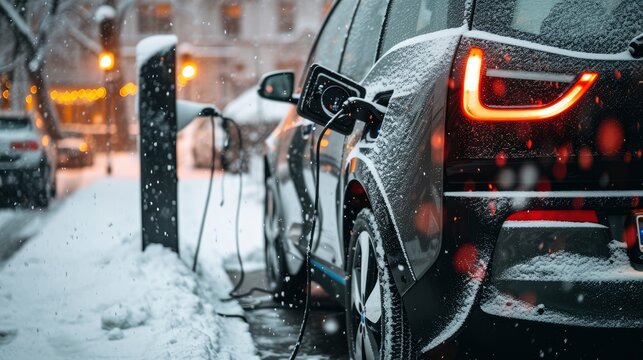 An electric car is parked at a charging station in the snow. This image can be used to illustrate eco-friendly transportation and the use of electric vehicles in winter conditions