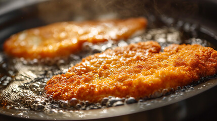 Process of frying delicious authentic breaded Wiener schnitzel in hot sizzling butter ina pan. - obrazy, fototapety, plakaty