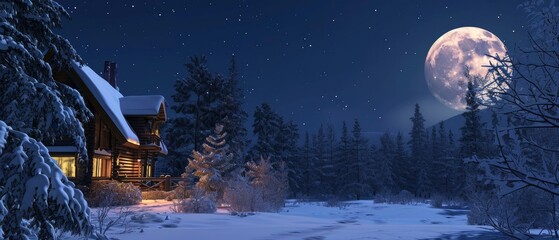Christmas snowy moon night sky landscapes in Christmas and New Year, digital illustration, festive atmosphere.