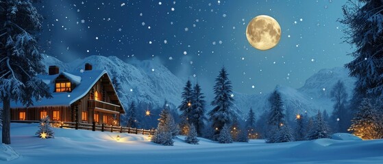 Christmas snowy moon night sky landscapes in Christmas and New Year, digital illustration, festive atmosphere.