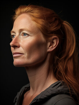 Studio portrait of beautiful natural looking 40 year old strawberry blond woman with natural signs of aging. 