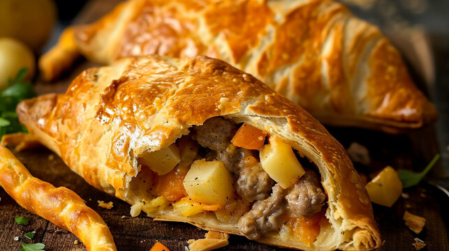 Delicious home baked Cornish pasties with minced meat and vegetables. Traditional specialty of British cuisine - Powered by Adobe