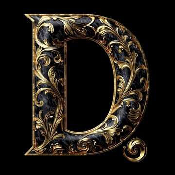 capital letter D, golden letter on black background, generative ai