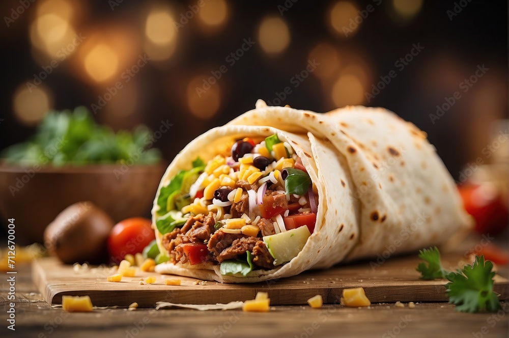 Wall mural food photography burito with blurred background