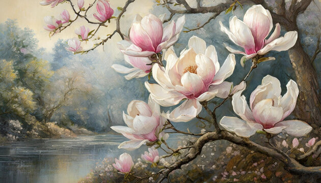 Piękne, malowane kwiaty Magnolii, obraz, tapeta, dekoracja. Generative AI