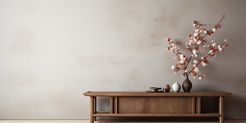 Minimalistic template of a wabi sabi living room featuring wooden console, paper flowers, accessories, and copy space.