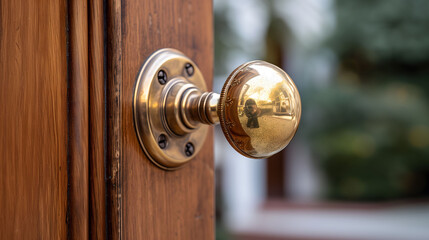 Polished Brass Door Knob on a Wooden Door Close-up