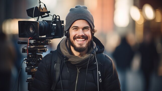 A journalist who is smiling is taking pictures.