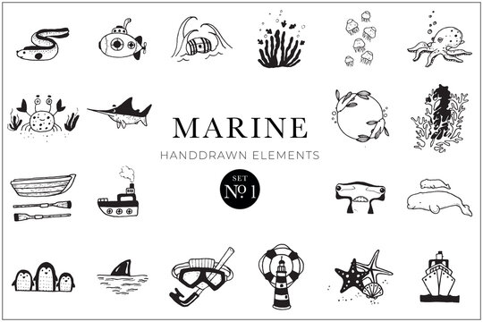 Marine elements collection, sea drawings, ocean, illustrations, doodles, tattoo, handdrawn, set, pack