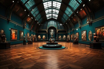Grand art gallery interior showcasing classical sculptures and paintings under a vaulted ceiling