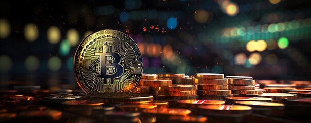 Bitcoin coins with colorful bokeh background - obrazy, fototapety, plakaty