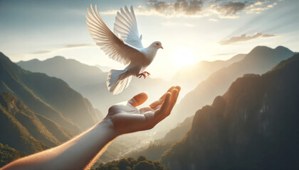 white pigeon flight to land on a human hand with sunlight and mountainous background 