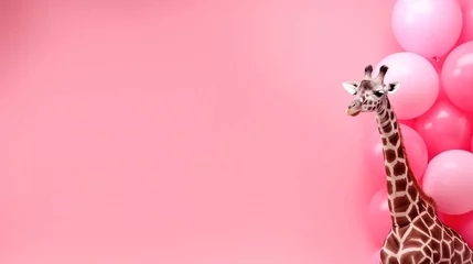 Schilderijen op glas giraffe and balloons on a pink background, birthday card concept, giraffe portrait on a pink background, space for text © екатерина лагунова