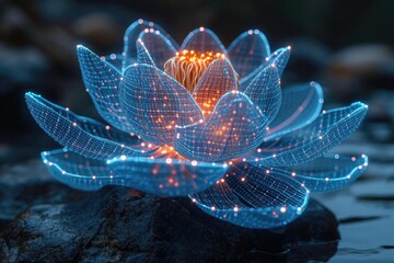 A glowing blue flower sitting on top of a rock.