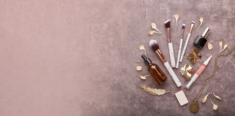 Feminine aesthetic make up flat lay. Cosmetic and accessories, Makeup brushes flat lay. Extra wide...