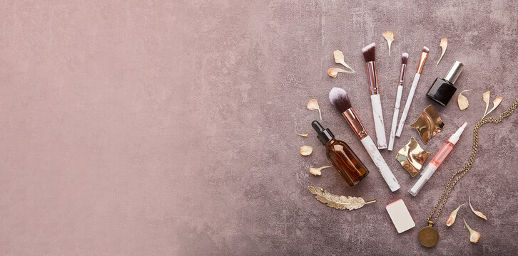 Feminine aesthetic make up flat lay. Cosmetic and accessories, Makeup brushes flat lay. Extra wide banner