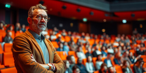 Ein Redner, der einen Vortrag vor einem Publikum in einem Auditorium hält