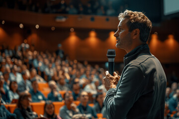 Ein Redner, der einen Vortrag vor einem Publikum in einem Auditorium hält - obrazy, fototapety, plakaty