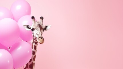 giraffe and balloons on a pink background, birthday card concept, giraffe portrait on a pink background, space for text
