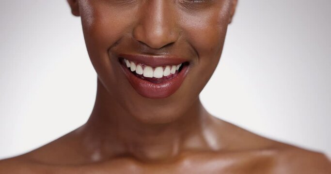 Black woman, teeth and dental hygiene for skincare cosmetics on a gray studio background. Closeup of African female person, mouth or smile for dentist, tooth whitening or oral and gum care treatment