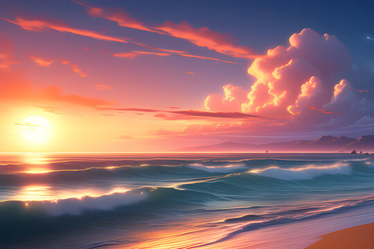The beautiful horizon, painted with vibrant hues, created by gentle waves and the colorful setting sun