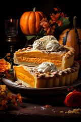 Delicious pumpkin pie with whipped cream and golden crunchy dough
