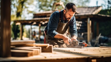 A young man is constructing a house with the help of a craftsman