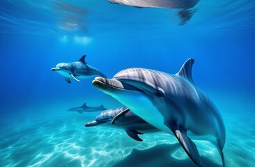 Dolphins swimming under the blue sea