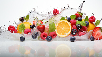 multivitamin water wave splash with various fruit peppermint leaves and ice cubes isolated on white background , generate AI