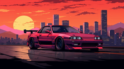 Fototapeta na wymiar copy space, vector illustration, 90's style, pixel style, powerful sportcar in city, sunset. Nostalic 90’s poster. 90’s background for poster. Nostalic adventure mockup. Print for T-shirt.