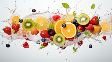 multivitamin water wave splash with various fruit peppermint leaves and ice cubes isolated on white background , generate AI - obrazy, fototapety, plakaty