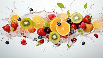 Fotobehang multivitamin water wave splash with various fruit peppermint leaves and ice cubes isolated on white background , generate AI © VinaAmeliaGRPHIC