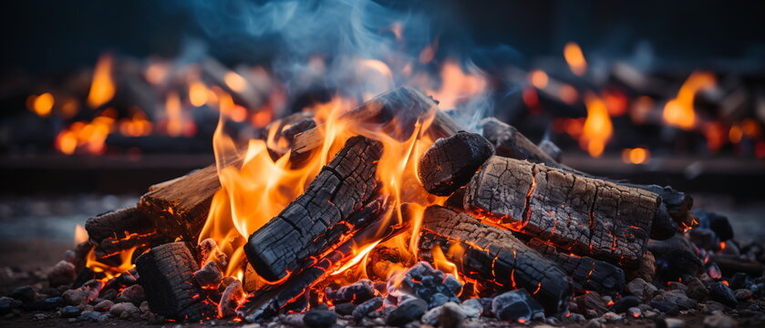 Charcoal is burning red and smoke