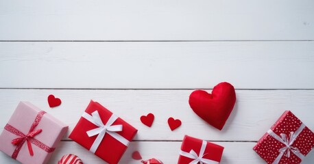 Boxes with Gifts, red hearts and decor on a white wooden background. concept Mother's Day, Valentine's Day, Birthday