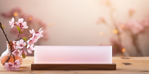 Product display on a wooden table with a Cherry blossom background.