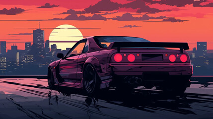 copy space, vector illustration, 90's style, pixel style, powerful sportcar in city, sunset. Nostalic 90’s poster. 90’s background for poster. Nostalic adventure mockup. Print for T-shirt. - obrazy, fototapety, plakaty