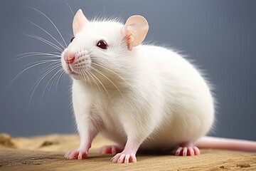 A white rat sitting on top of a wooden table. Laboratory animal, testing model for research.