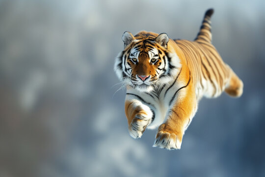 Bengal Tiger Jumping. Tiger in a jump with an open mouth and sharp teeth in full height. Dangerous, angry tiger. Bengal tiger flying during jump.