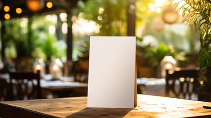 Mock up Label the blank menu frame in restaurant. Tent menu for booklet with white sheet paper acrylic tent card on table with blurred background , Generate AI - obrazy, fototapety, plakaty
