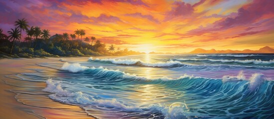 Vibrant tropical sunset with colorful sky, rolling waves, and shiny sand.