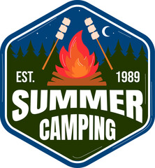 Vintage summer camping badge with campfire and marshmallows. Night camping emblem with trees and moon. Outdoor adventure logo design, badge style vector illustration.