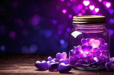 Glowing purple hearts on a jar valentine background