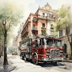 City fire station in watercolor style. AI generate illustration